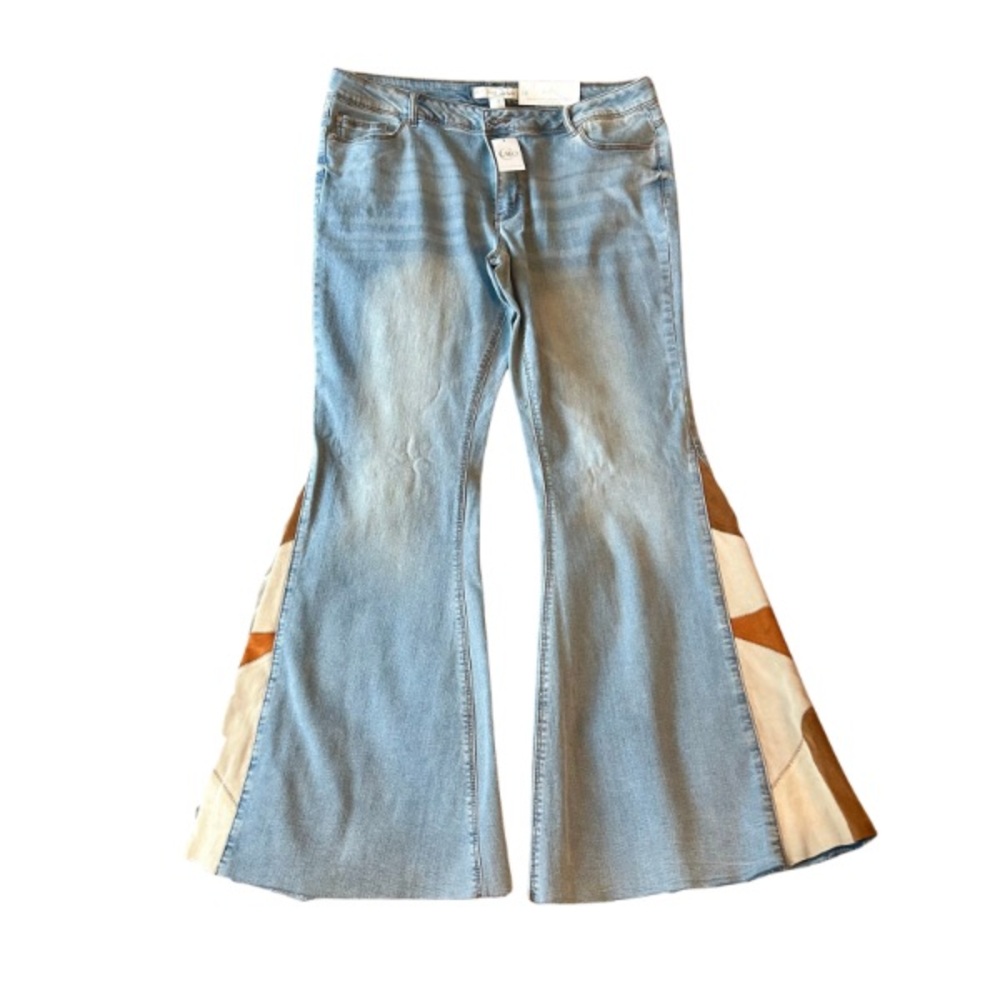 Cato Light Blue Flare Jeans with Brown and Cream Details